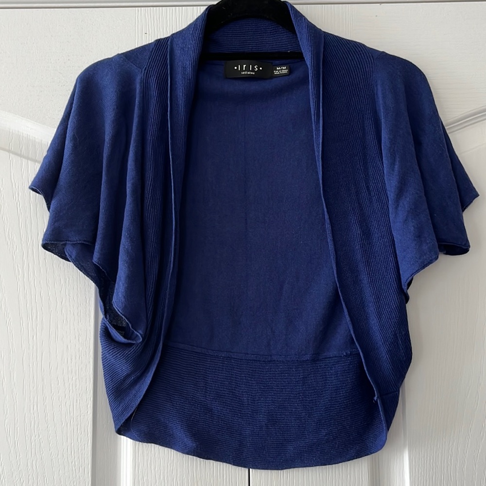 EUC Iris Setlakwe royal blue open front bamboo and cotton blend cardigan